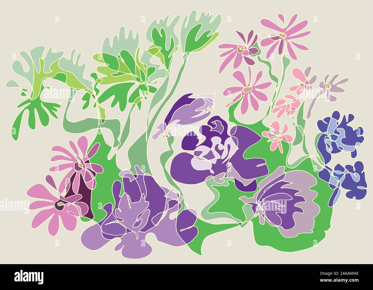 Mystère de l'harmonie des fleurs : Art Dessin en blanc sur un fond de couleur de la lumière peut être utilisée comme une carte de vœux, papier peint, tissu motif. Illustration de Vecteur