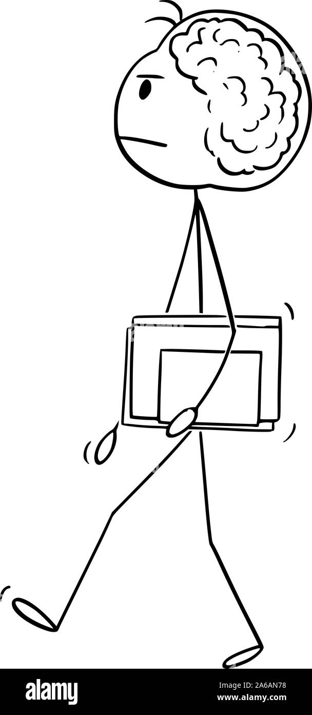 Vector cartoon stick figure dessin illustration conceptuelle de genial ou homme brillant ou scientifique à gros cerveau marche avec réserve. Illustration de Vecteur