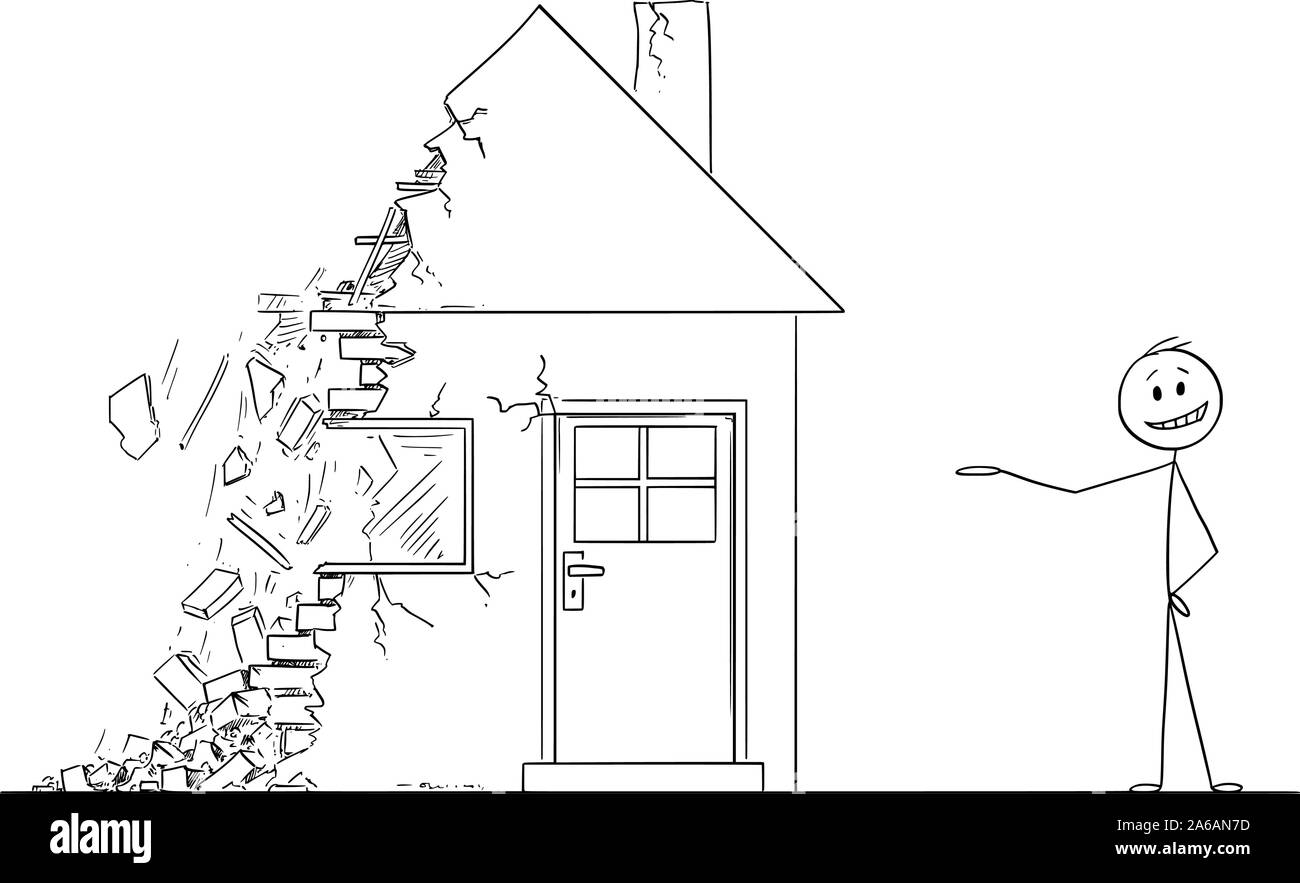 Vector cartoon stick figure dessin illustration conceptuelle de l'homme d'affaires ou agent de l'état ou d'un courtier ou agent immobilier offrant maison en décomposition en tombant en ruine. Illustration de Vecteur