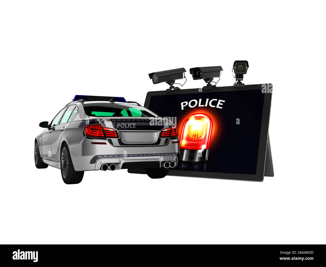 Concept moderne de l'appel de voiture de police grâce à l'Internet 3D render sur fond blanc aucune ombre Banque D'Images