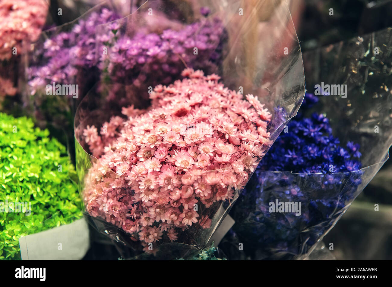 Gros plan coloré de fleurs séchées, feuilles d'herbes parfumées et gousses de graines utilisées comme confetti floraux ou potpourri pour arrangements floraux Banque D'Images