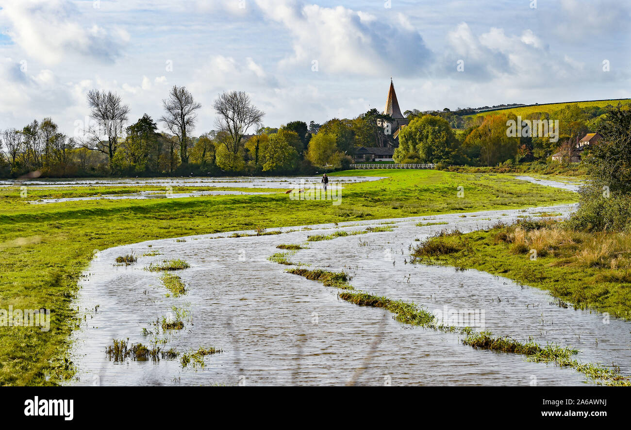 Alfriston Sussex, UK. 25 octobre, 2019. Un chien walker passe par les inondations le long de la rivière Cuckmere près de 1 156 km dans l'East Sussex après des semaines de forte pluie qui a été au-dessus de la moyenne pour la période de l'année. Météo jaune avertissements ont été émis pour les régions du pays où plus de fortes pluies et des inondations est prévue au cours des prochaines 24 heures . Les inondations le long de la Cuckmere Haven a été pire dans les cours des dernières années, depuis que l'Agence de l'environnement a décidé d'arrêter l'entretien des défenses. Crédit : Simon Dack/Alamy Live News Banque D'Images