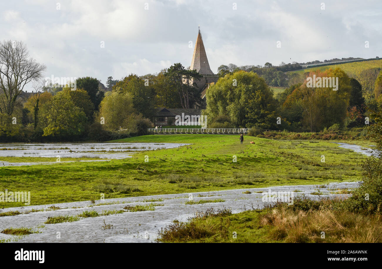 Alfriston Sussex, UK. 25 octobre, 2019. Un chien walker passe par les inondations le long de la rivière Cuckmere près de 1 156 km dans l'East Sussex après des semaines de forte pluie qui a été au-dessus de la moyenne pour la période de l'année. Météo jaune avertissements ont été émis pour les régions du pays où plus de fortes pluies et des inondations est prévue au cours des prochaines 24 heures . Les inondations le long de la Cuckmere Haven a été pire dans les cours des dernières années, depuis que l'Agence de l'environnement a décidé d'arrêter l'entretien des défenses. Crédit : Simon Dack/Alamy Live News Banque D'Images