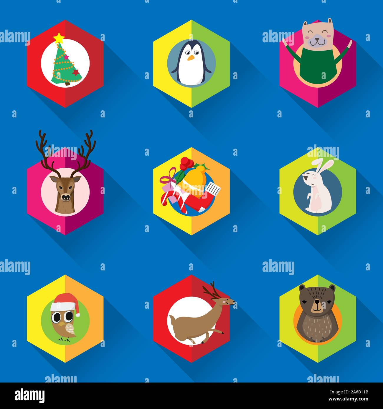 Vector set d'ornement de Noël, arbre de Noël et cute cartoon personnage animal pour l'hiver décoration saisonnière Illustration de Vecteur