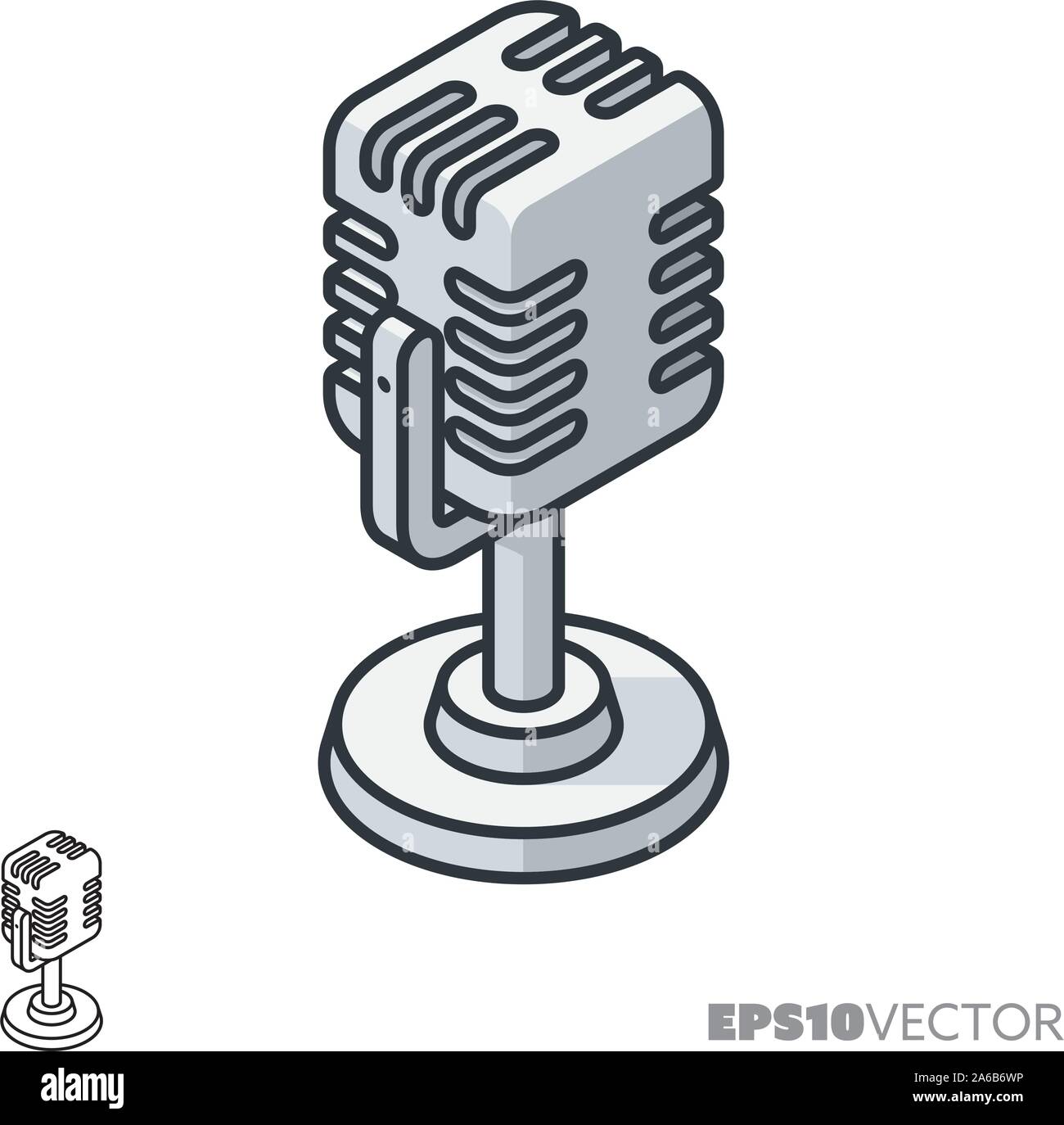 Microphone chrome retro icône isométrique, contour et rempli de diffusion audio et de symboles. Expression et communication concept vector illustration. Illustration de Vecteur