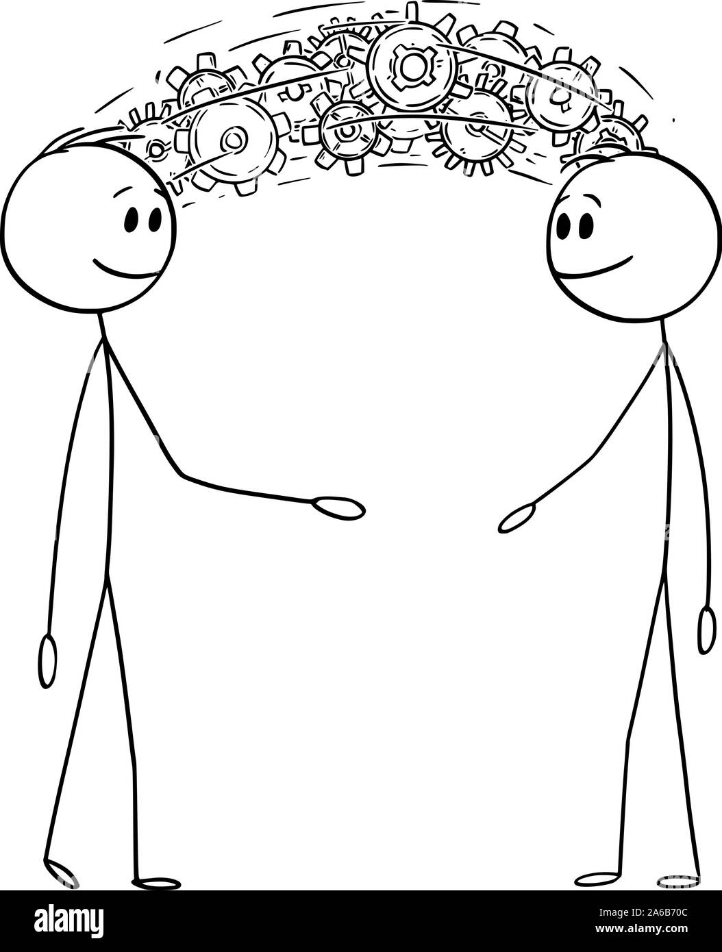 Vector cartoon stick figure dessin illustration conceptuelle de deux hommes d'affaires ou le partage des connaissances et de l'information ou concept de réflexion. Illustration de Vecteur