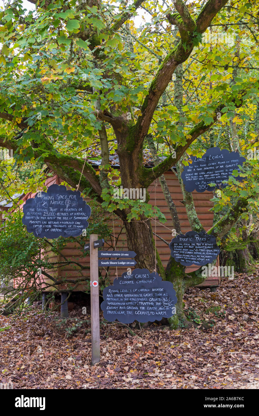 Les panneaux suspendus sur l'arbre à l'île de Brownsea, Poole, Dorset. Quelles sont les causes du changement climatique ? L'augmentation des niveaux de dioxyde de carbone et autres gaz à effet de serre, comme le méthane dans l'atmosphère, créer un "effet de serre", le piégeage l'énergie du soleil et l'origine de la terre, et en particulier les océans, à chaud. Pour plus d'informations sur d'autres signes voir 2A6CCBF, 2A6BC0H, 2A6BBK6 et 2A6BBC7 Banque D'Images