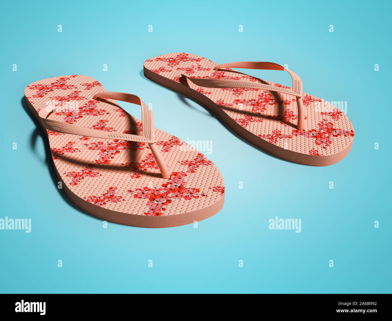 Womens espadrilles rouge moderne avec rendu 3D fleurs sur fond bleu avec ombre Banque D'Images