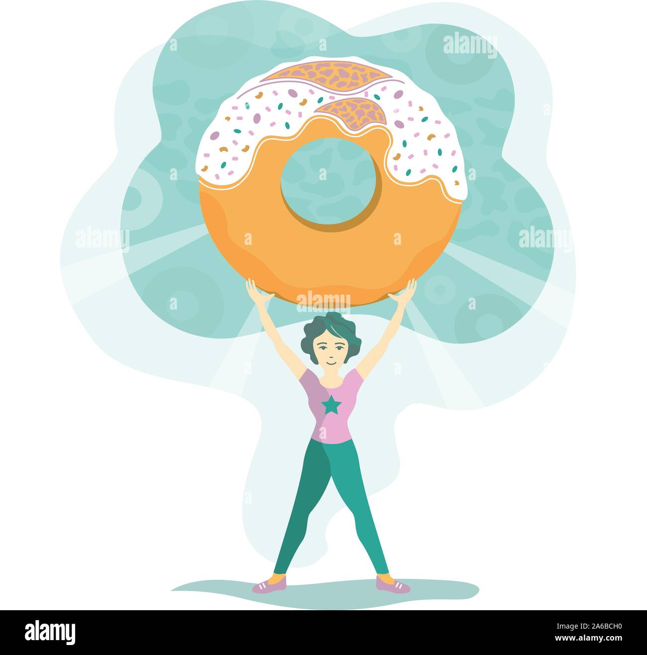 Illustration d'une femme dans les vêtements de sport se bat avec un gros sweet donut et gagne. Le concept des dangers d'une mauvaise alimentation, des plaques de cholestérol Illustration de Vecteur