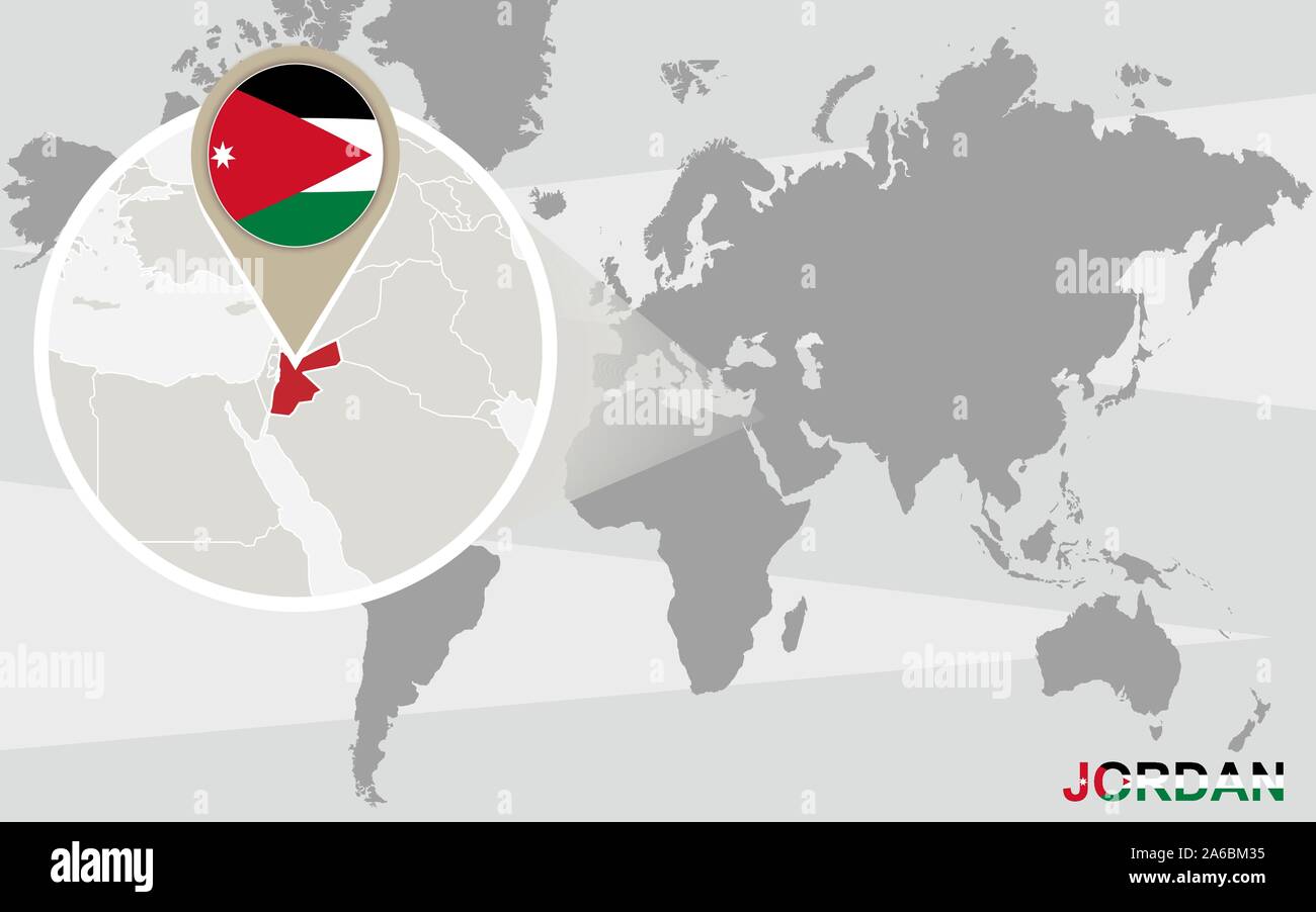 Carte du monde avec la Jordanie grossie. Drapeau de la Jordanie et de la carte Image Vectorielle Stock Alamy
