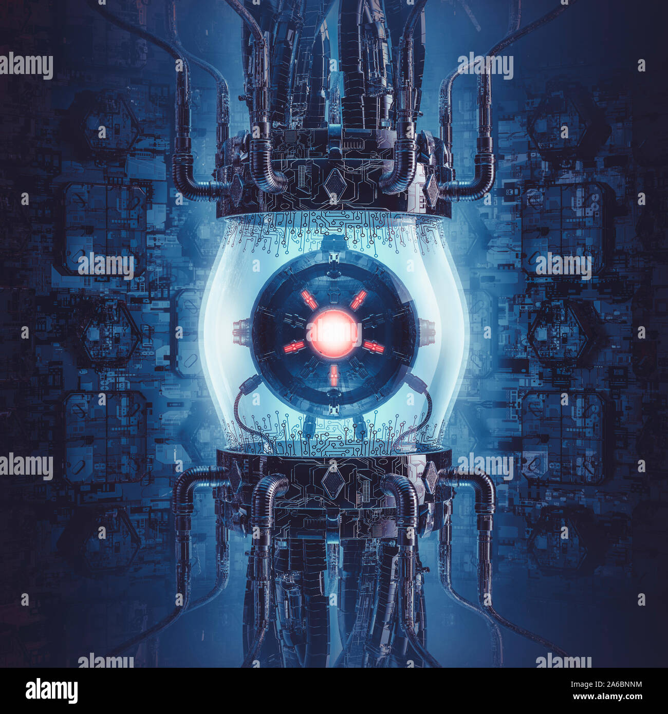 L'intelligence artificielle / Générateur 3D illustration de la science-fiction scène montrant l'intérieur de l'orbe rougeoyant futuriste complexe machin ordinateur globe de verre Banque D'Images