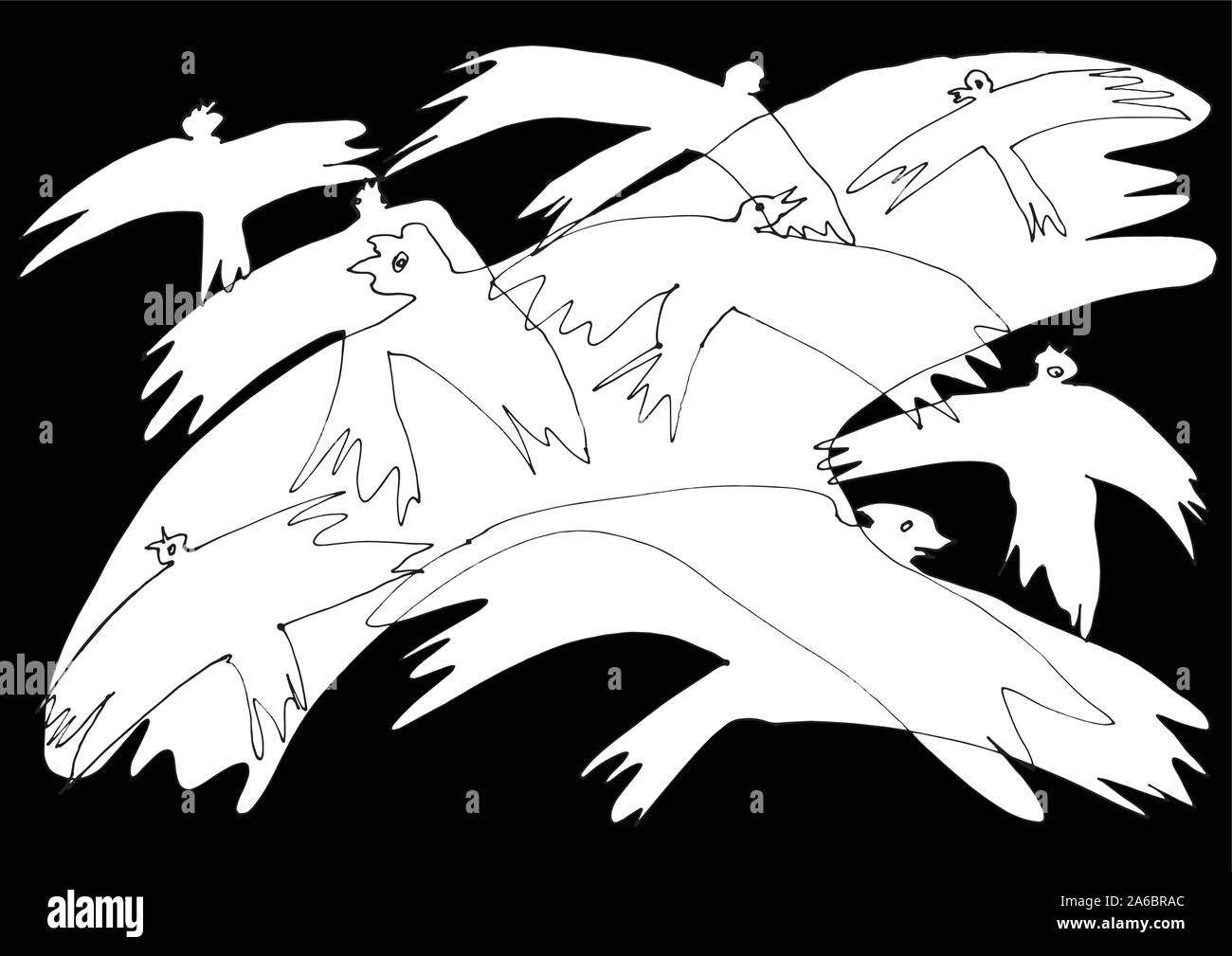 Vol des oiseaux : un élégant motif à la main avec un arrière-plan sombre. Illustration de Vecteur