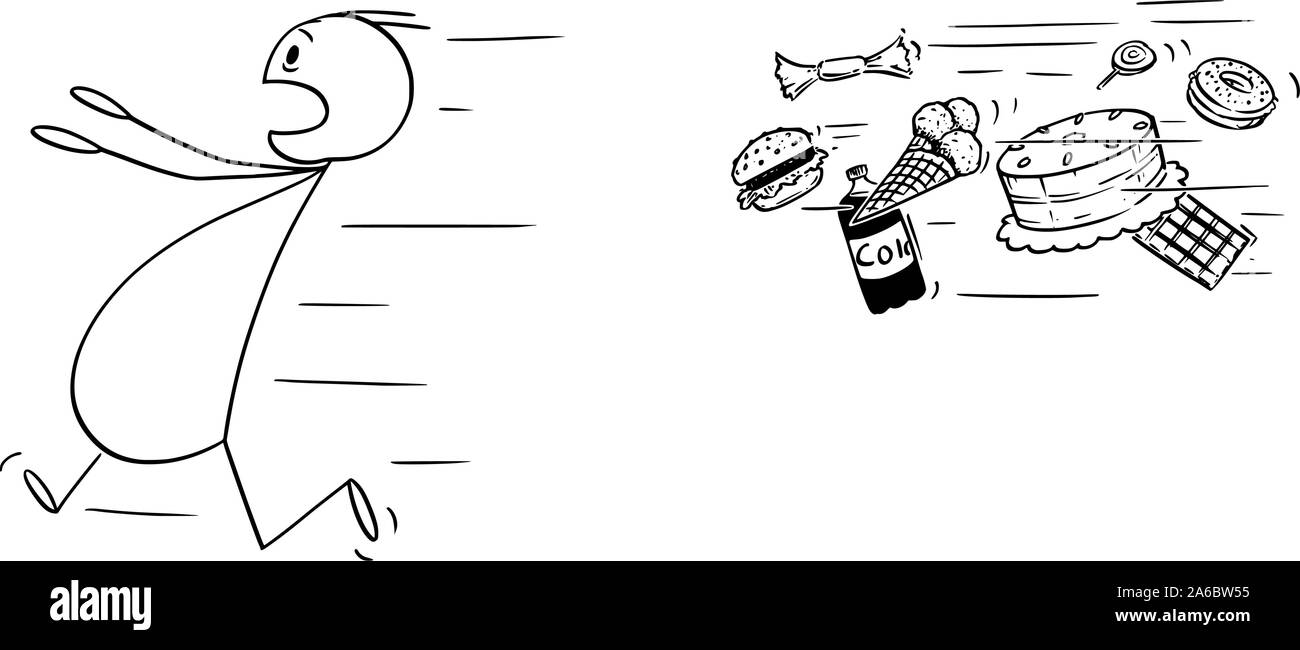 Vector cartoon stick figure dessin illustration conceptuelle de l'Obésité et lipides homme en fuite poursuivi par la malbouffe malsaine. Concept de mode de vie sain. Illustration de Vecteur