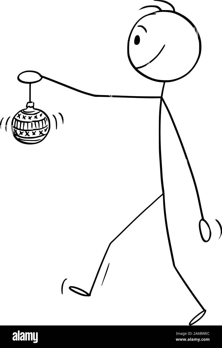 Vector cartoon stick figure dessin illustration conceptuelle de man walking and holding bille de verre ornement de Noël. Illustration de Vecteur