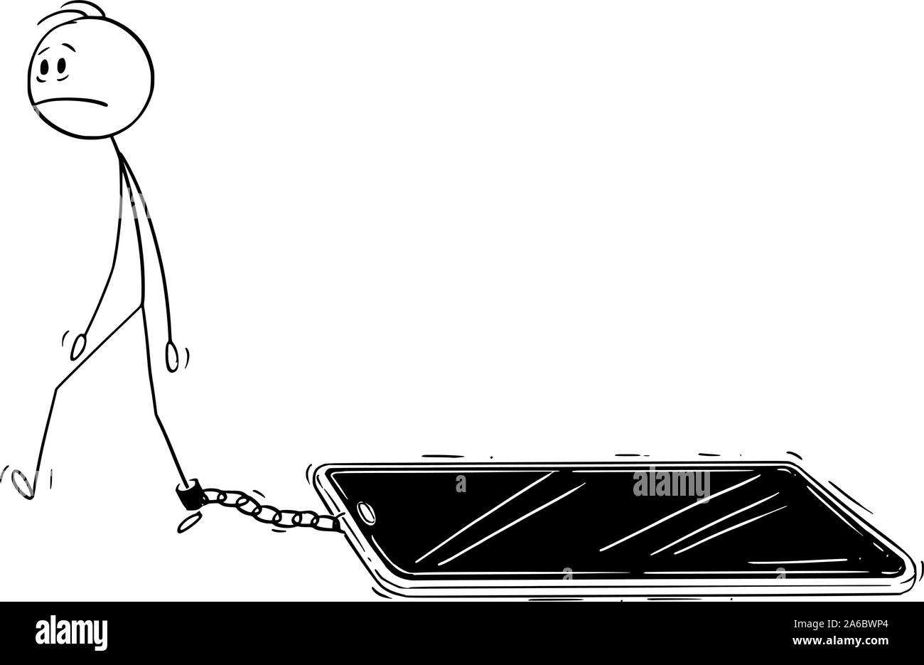 Vector cartoon stick figure dessin illustration conceptuelle de l'homme enchaîné à téléphone mobile. Technologie Concept de dépendance. Illustration de Vecteur