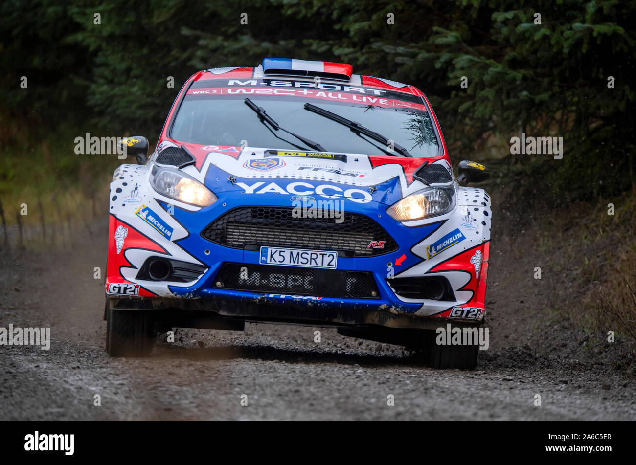 53 voiture pilote, Adrian Fourmaux, Co-Driver Renaud Jamoul, Wales Rally GB, troisième jour, l'étape de la forêt Brenig Banque D'Images