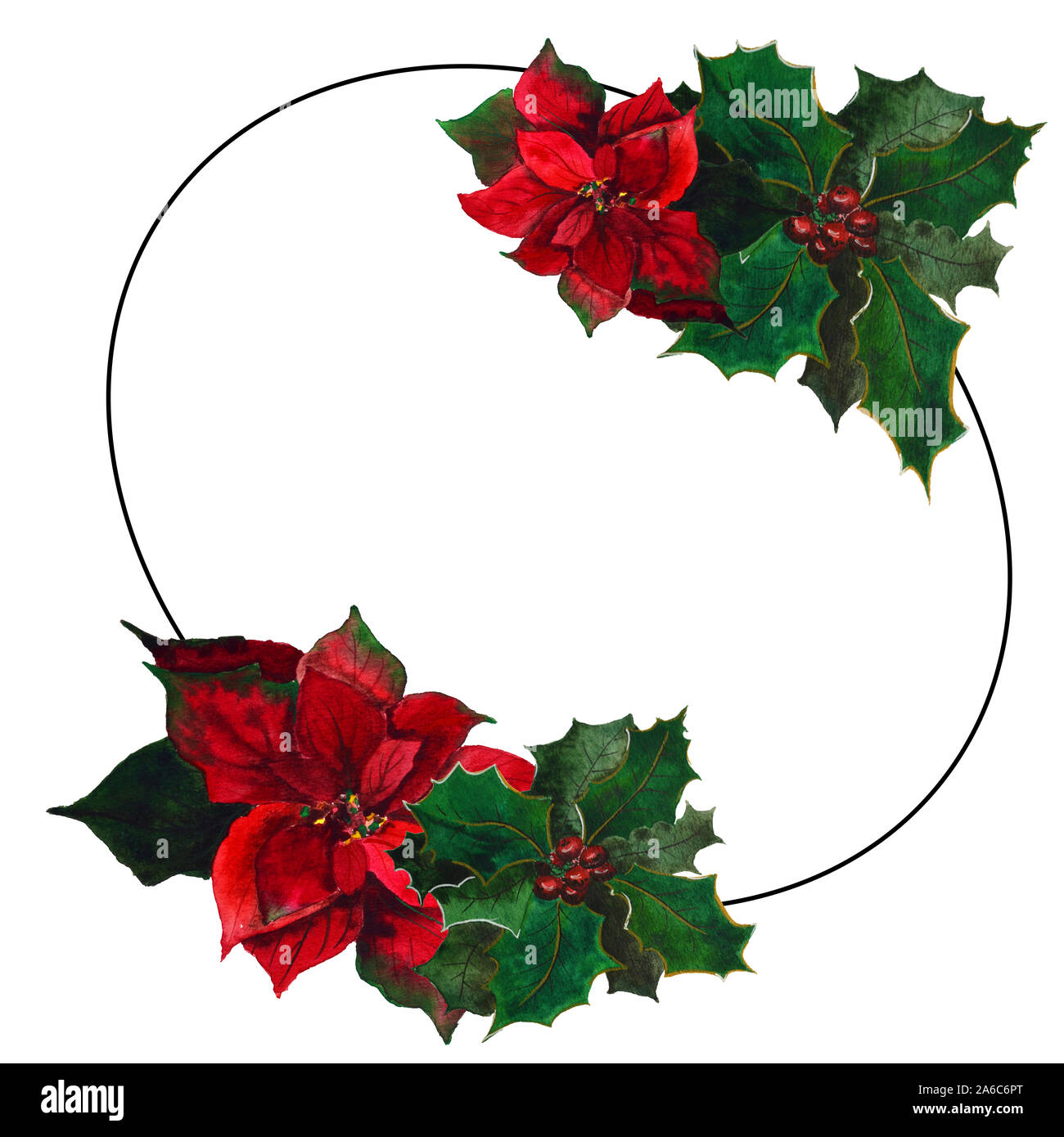 Poinsettia de Noël et houx avec cadre de baies, fleur d'aquarelle Banque D'Images