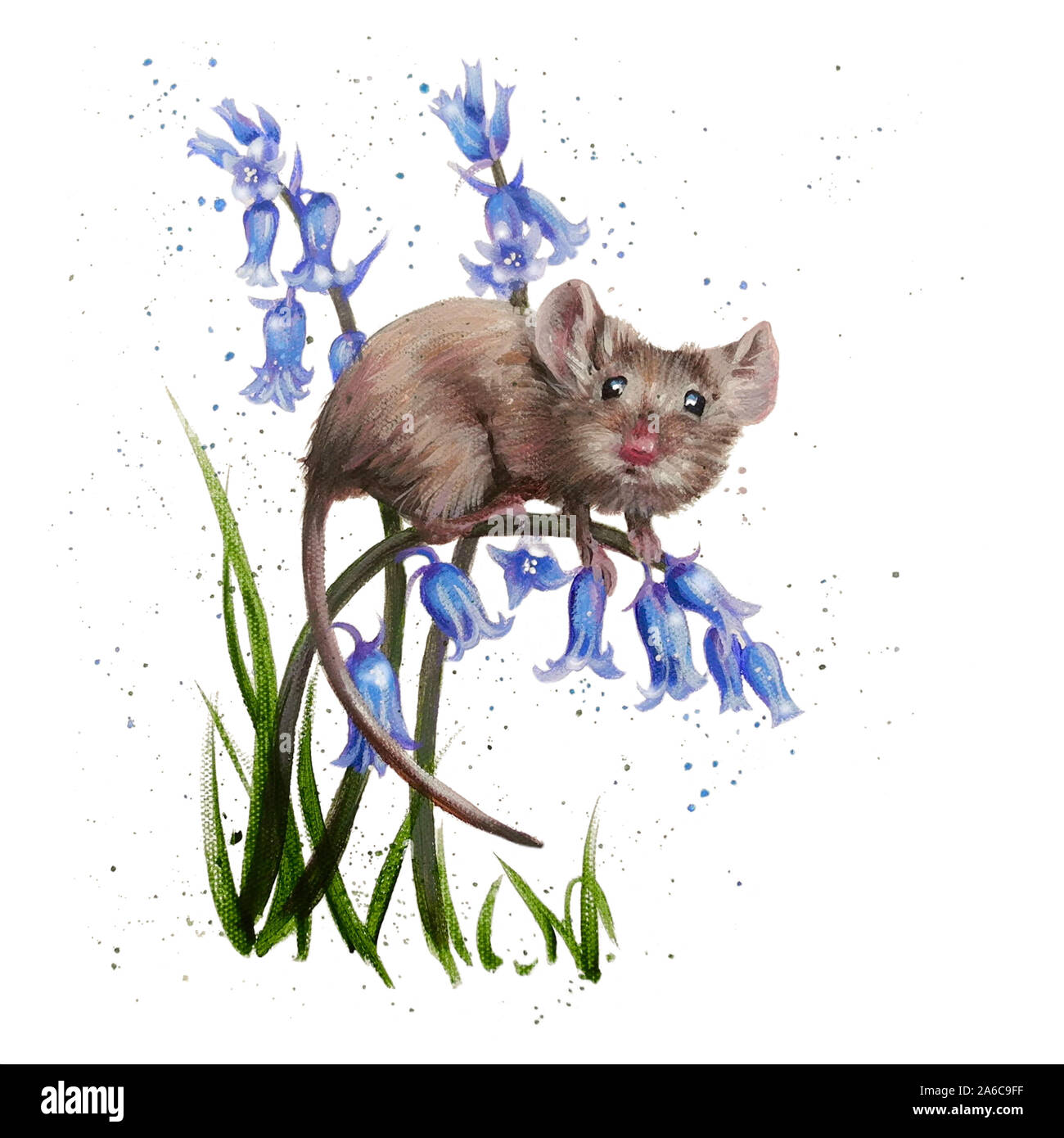Peinture d'une souris de champ dans des bluebells Banque D'Images