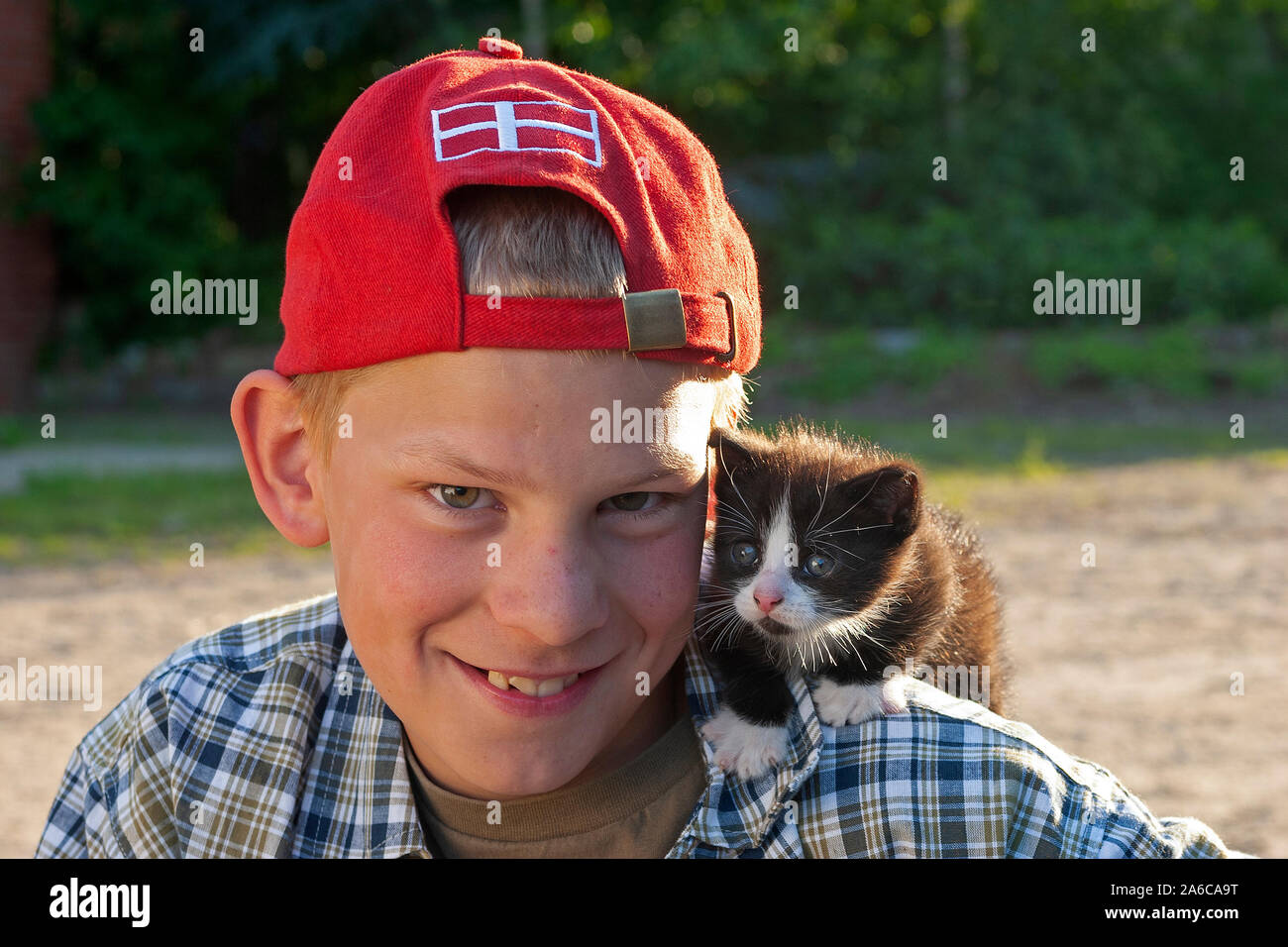 Portrait d'un jeune garçon avec un chaton. Banque D'Images