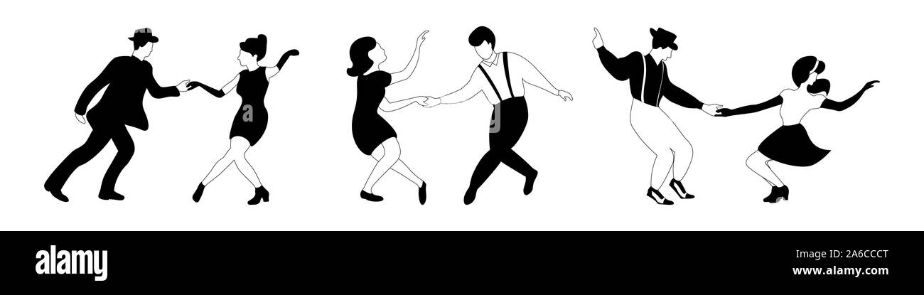 Trois couples de danse silhouettes en noir et blanc indiquant sur fond blanc. Vector illustration. Illustration de Vecteur
