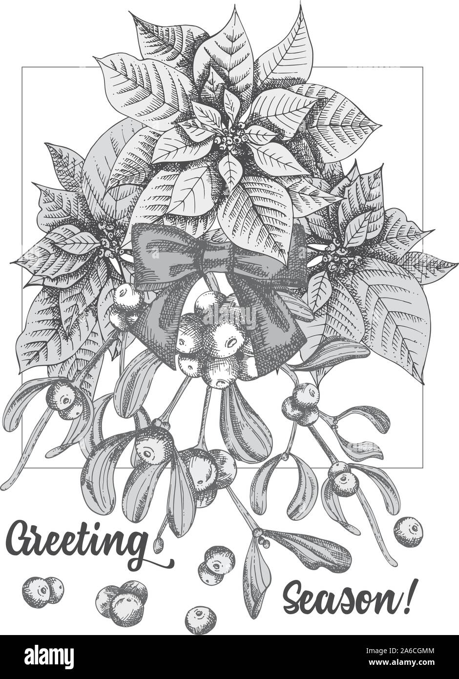 Croquis botanique dessiné à la main avec des plantes de Noël guirlande Vintage noir et blanc gravure illustration style de décoration de fête traditionnel. Illustration de Vecteur