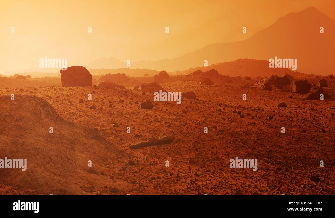 Surface de Mars, artwork. Mars est un monde désert rocheux avec aucune eau de surface, son paysage caractérisé par blocs, de cratères d'impact, dunes de sable, canyons et mesas, caractéristiques de l'érosion du vent et de l'eau ancienne flux ou mer. L'atmosphère est principalement le dioxyde de carbone et les températures de la surface martienne sont bien au-dessous de zéro. Mars a un diamètre autour de la moitié de la Terre, et une gravité de surface autour d'un tiers par rapport à celle de la Terre. Il est en orbite autour du Soleil à une distance d'environ 230 millions de kilomètres. Banque D'Images