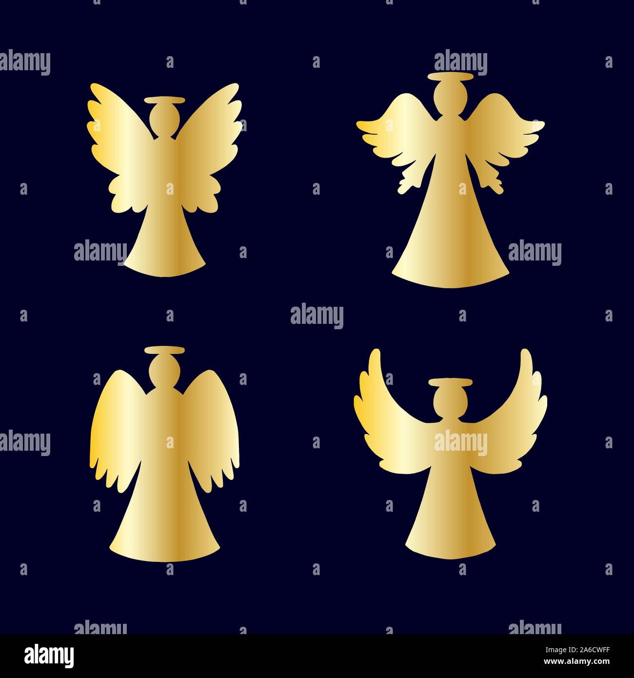 Vector set de quatre golden angels silhouette sur fond bleu foncé. Silhouette pour Noël, Nouvel an Illustration de Vecteur