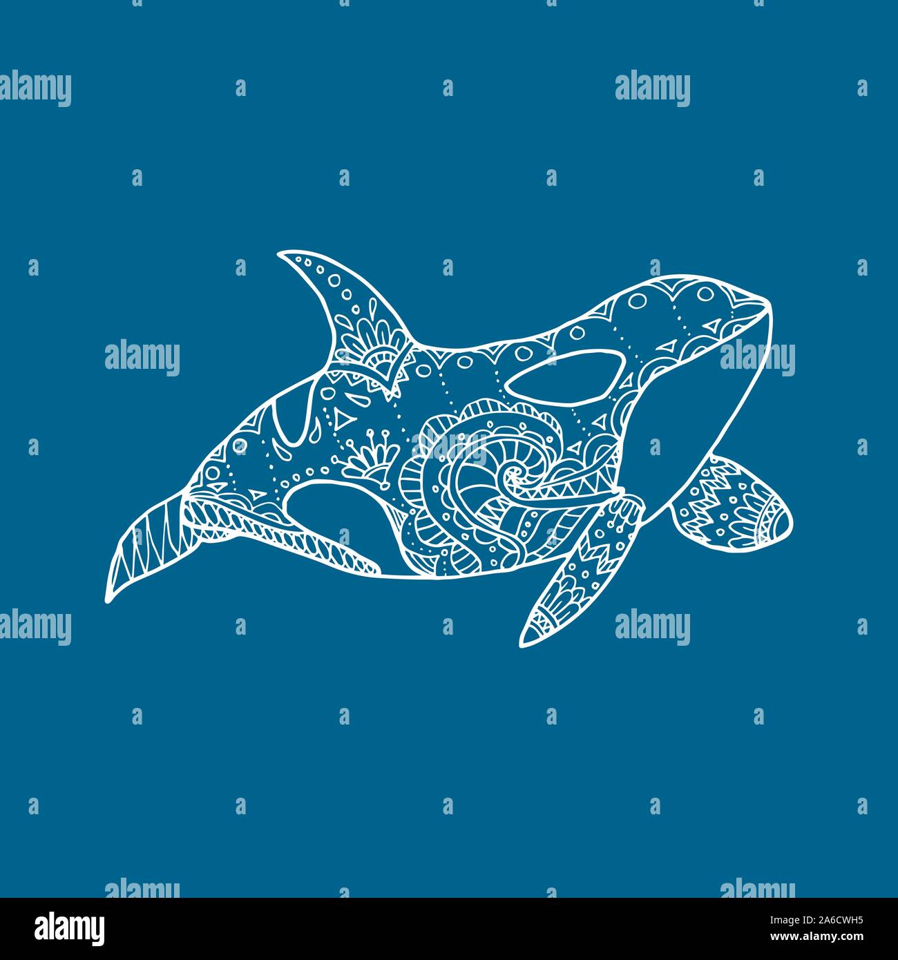 Vector illustration d'orque à motifs dessinés à la main. Orca doodle blanc sur fond bleu. Illustration de Vecteur