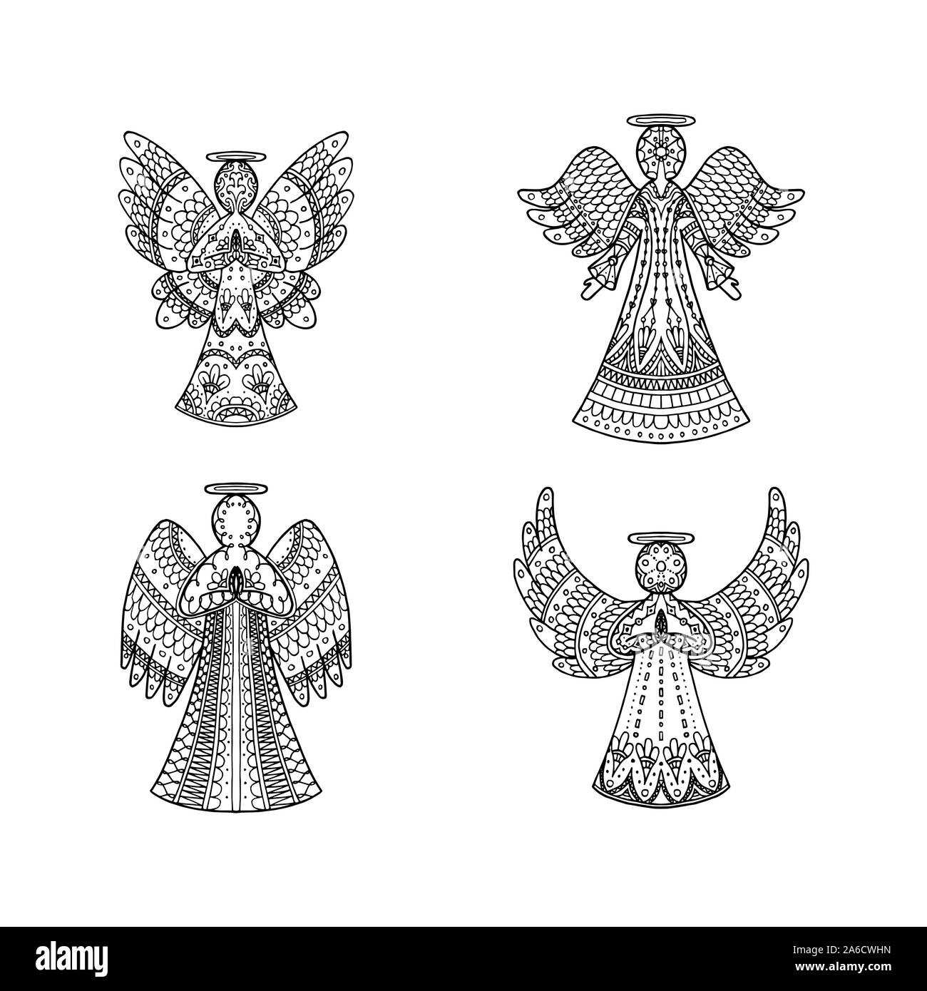 Vector set de quatre anges à motifs freehand sur fond blanc. La religion coloring page livre. Les éléments de décoration pour la nouvelle année, carte de Noël Illustration de Vecteur