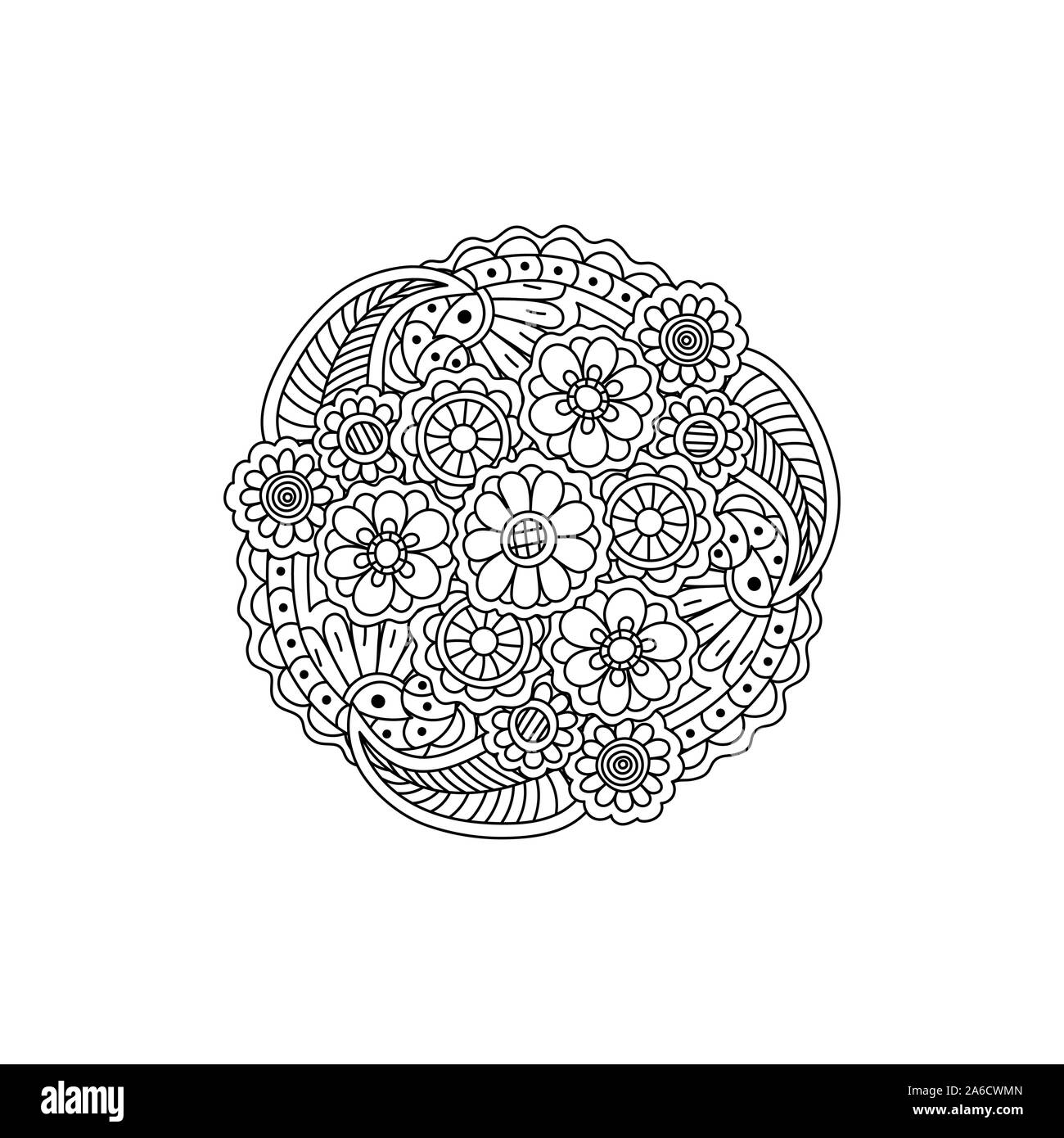 Vector floral mandala noir décoratif à motifs, l'élément de conception. La page de coloriage anti stress pour les adultes. Illustration de Vecteur