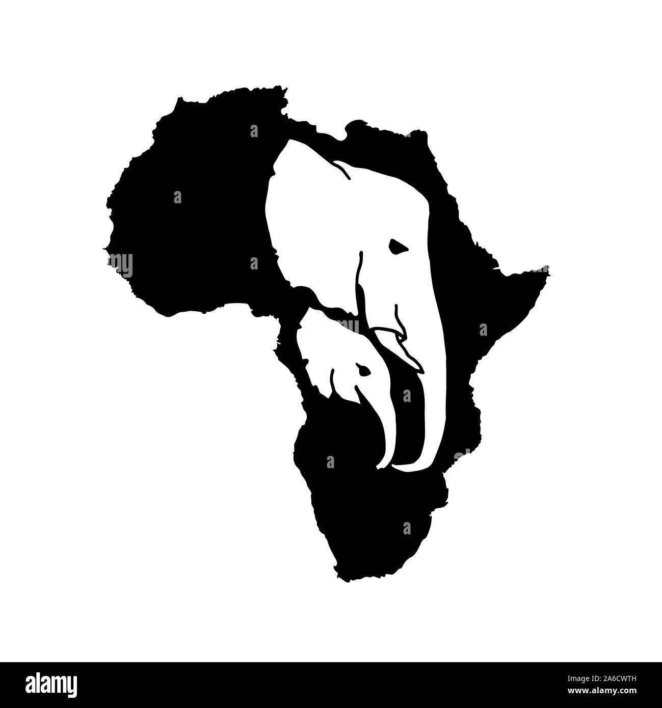 Silhouette vecteur d'Afrique noire avec deux tête d'éléphant blanc à l'intérieur de la silhouette. Mère et bébé éléphant d'Afrique de l'incide head silhouette Illustration de Vecteur