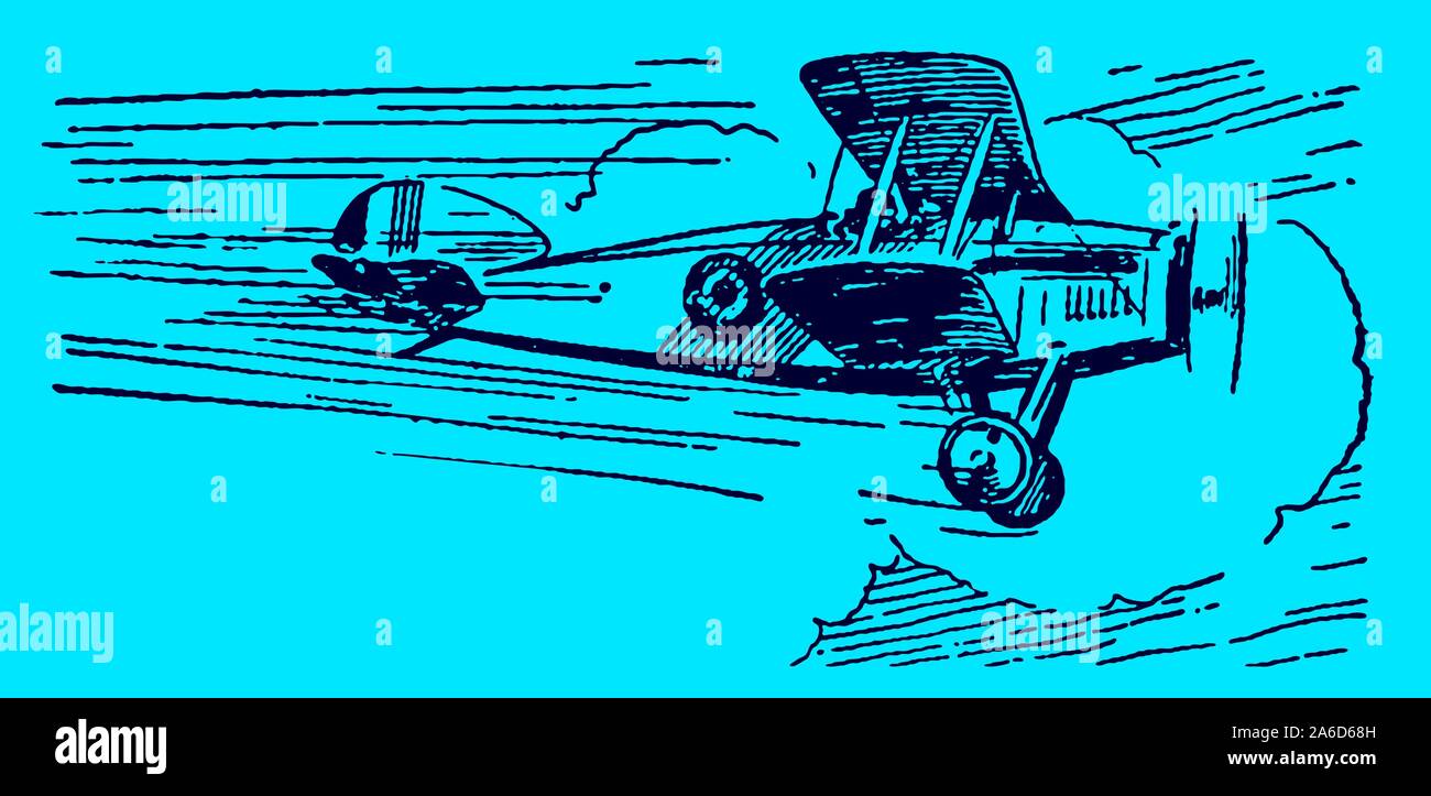 Biplan historique volant à haute vitesse sur un fond bleu. Dans les couches modifiable Illustration de Vecteur