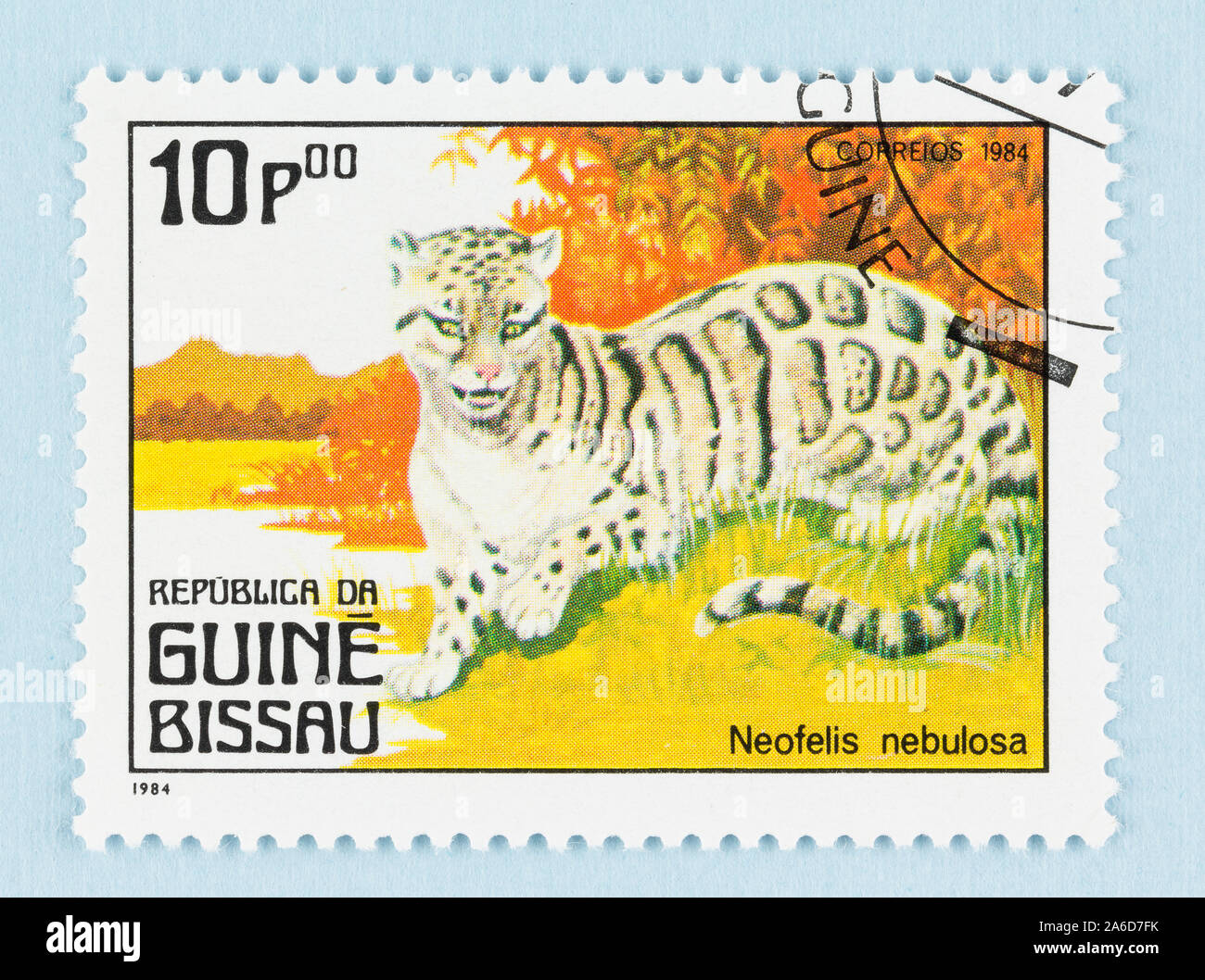 Close up d'un timbre-poste commémoratif de Guinée Bissau, doté d''une panthère nébuleuse, publié 1984 - Banque D'Images