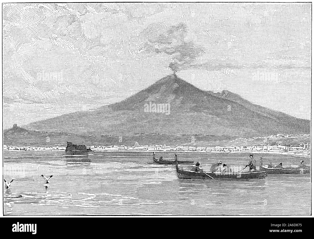 1893 gravure noir et blanc du volcan Vésuve et le golfe de Naples, Italie. Banque D'Images