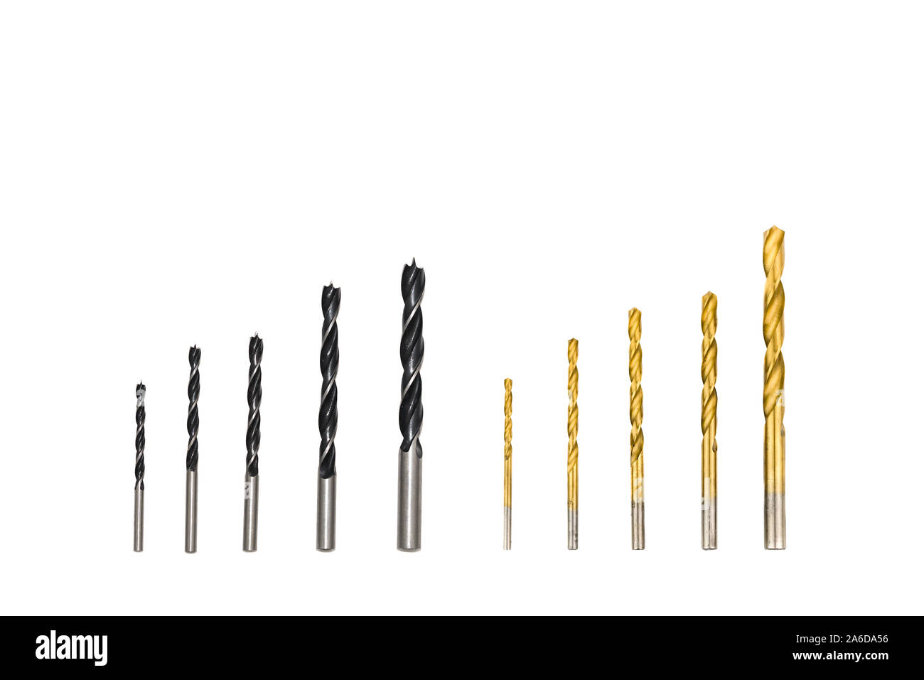 Métal noir et jaune sur fond blanc drill bits isolés. Convient pour toute utilisation. purprose Banque D'Images