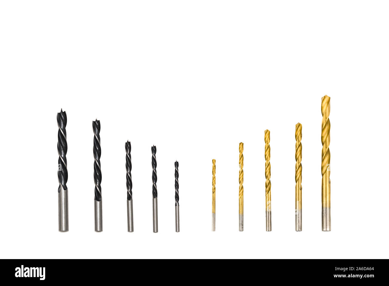 Métal noir et jaune sur fond blanc drill bits isolés. Convient pour toute utilisation. purprose Banque D'Images