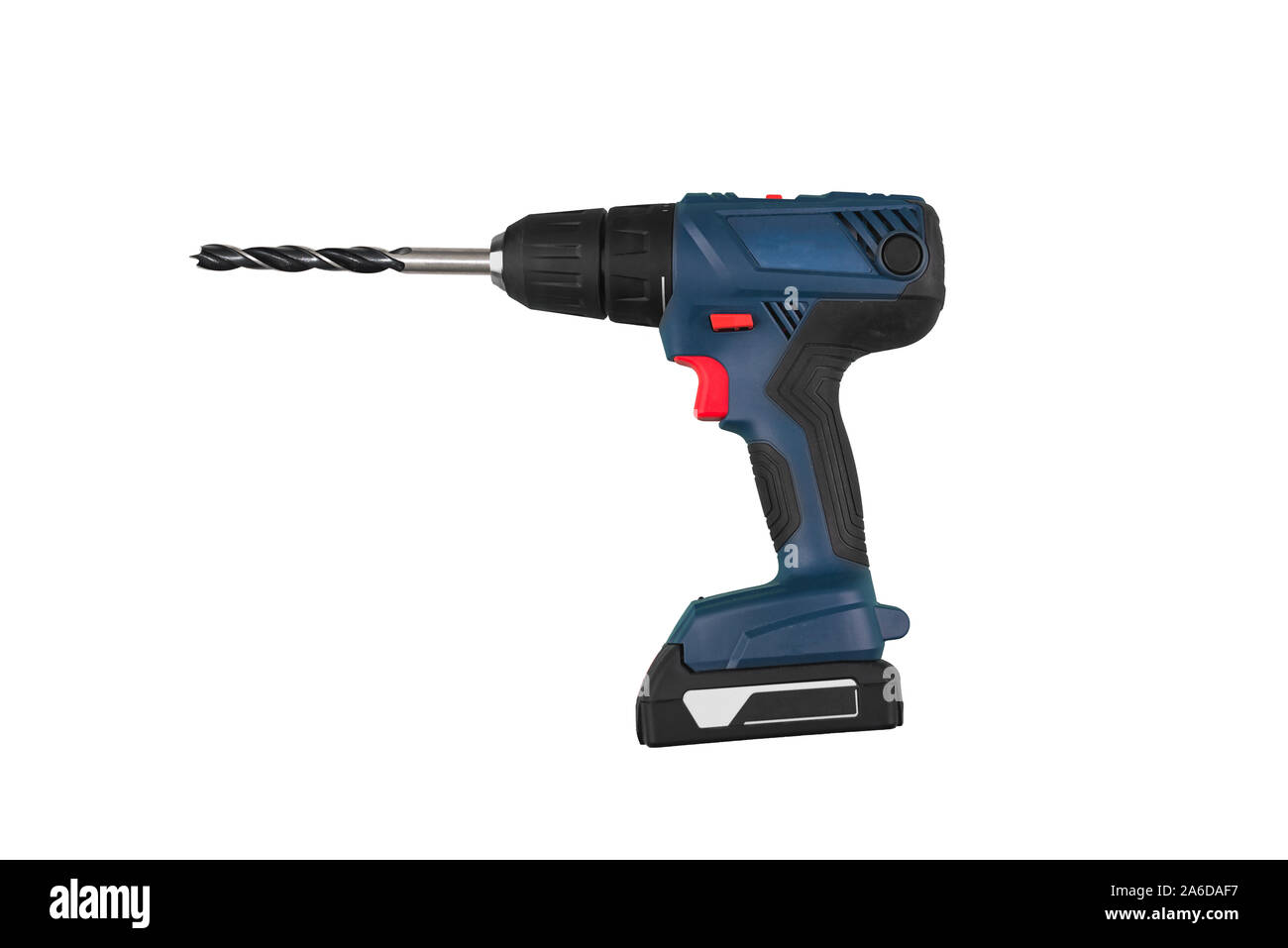 D'un outil électrique tournevis bleu foret noire sur fond blanc isolé. Convient pour toute utilisation. purprose Banque D'Images