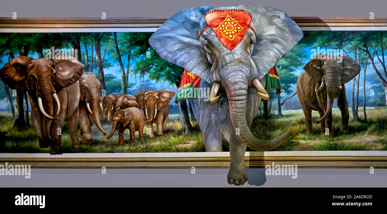 Art 3D peinture et art trick d'un troupeau d'éléphants au musée d'art parodie Pattaya Thaïlande Asie du Sud-est. Panoramique Banque D'Images