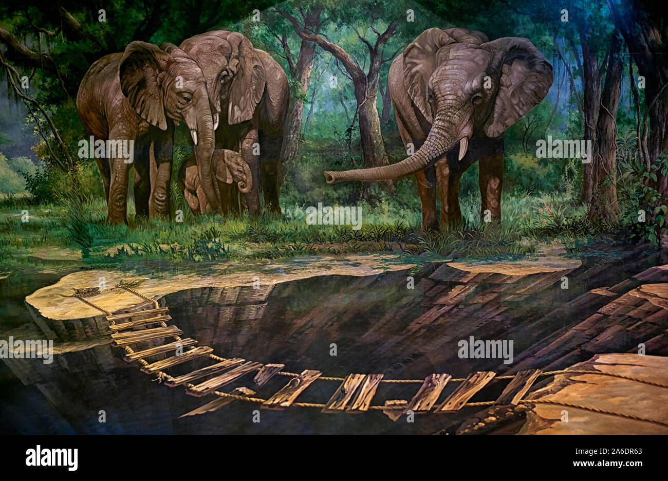 Peinture en relief et art de trick des éléphants dans la jungle au Parody Art Museum Pattaya Thaïlande Asie du Sud-est Banque D'Images