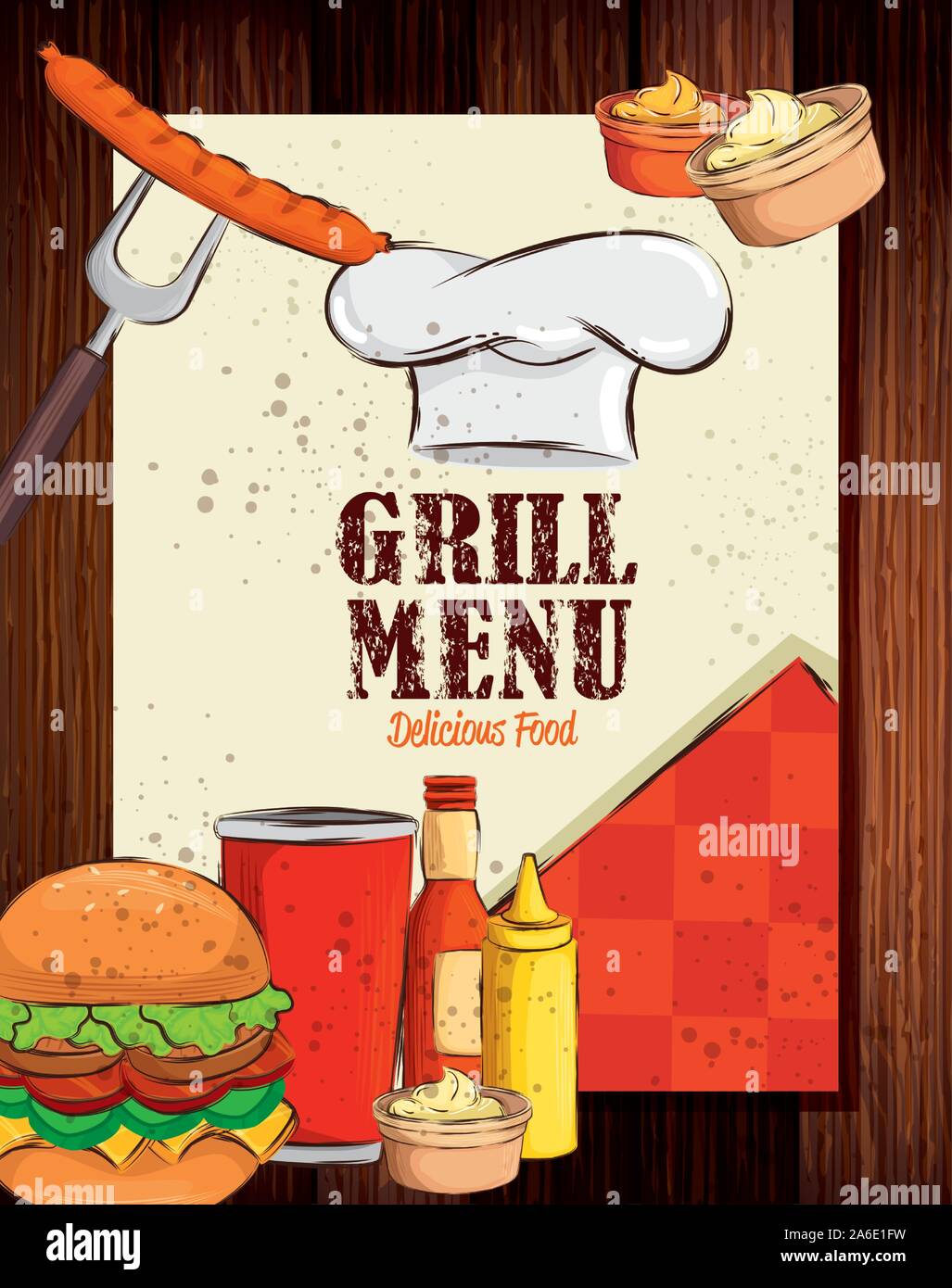 Menu grill avec chapeau chef et délicieuse dans fond de bois Illustration de Vecteur