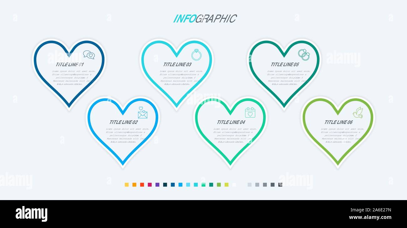 Infographic template. 6 c urs avec de belles couleurs. Calendrier des présentations pour des éléments de scénario. Palette à froid. Illustration de Vecteur