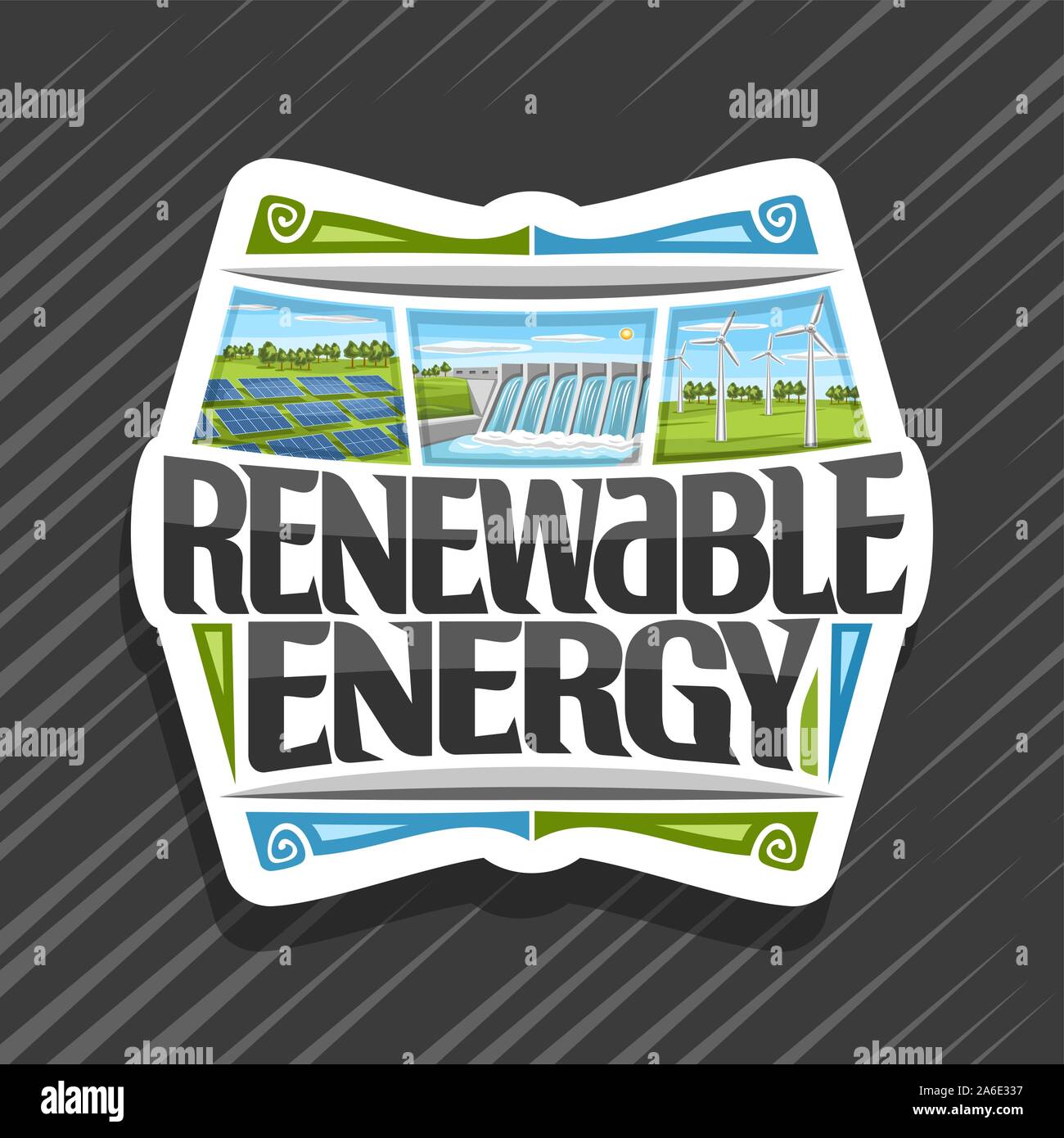 Logo vectoriel pour l'énergie renouvelable, panneau blanc avec des panneaux solaires, l'eau qui coule dans l'entreposage, d'éoliennes avec des éoliennes sur le terrain de l'été, original f Illustration de Vecteur