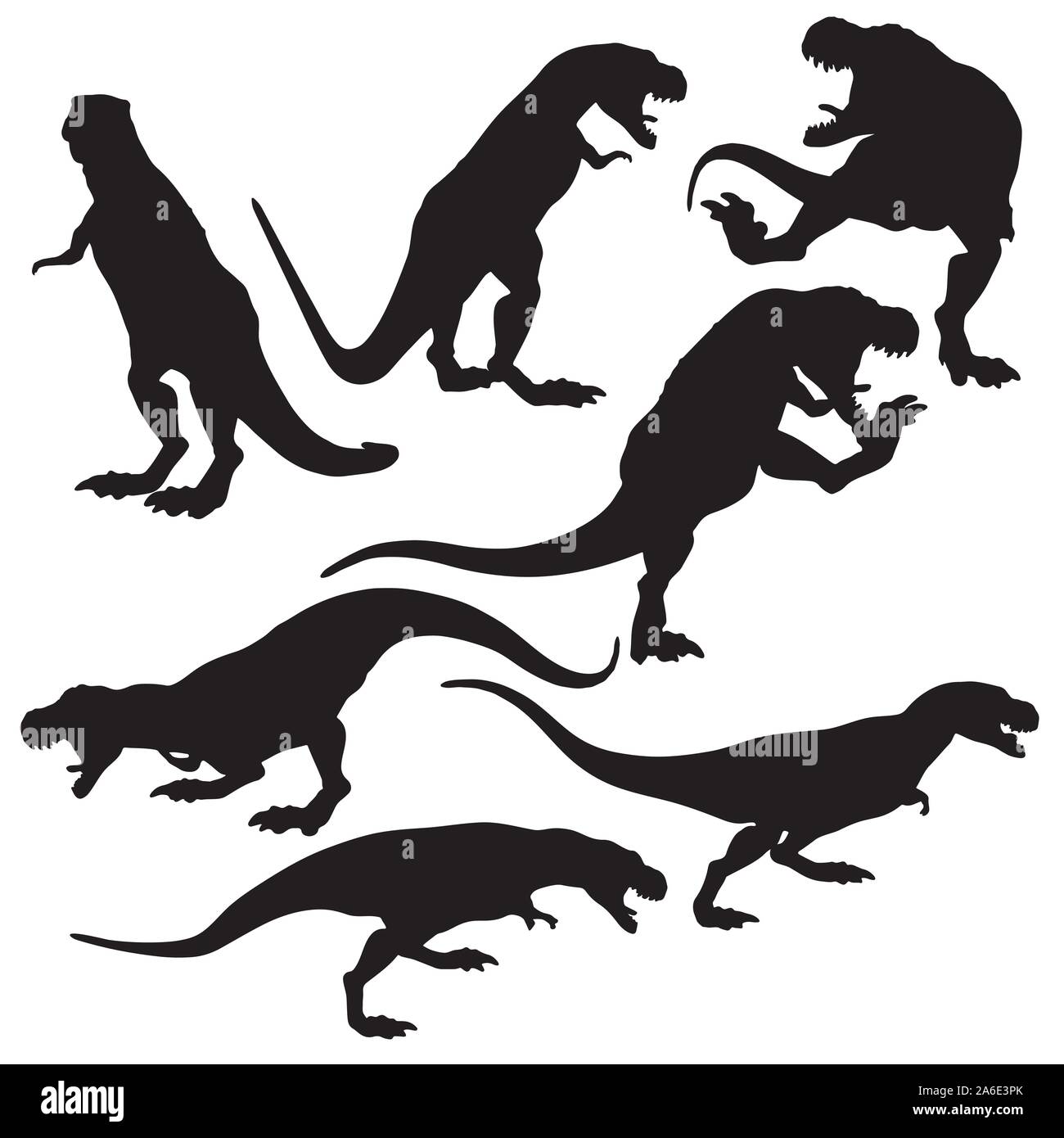 Prédateur préhistorique dinosaure Tyrannosaurus rex en poses différentes silhouettes noires illustration isolé. Illustration de Vecteur