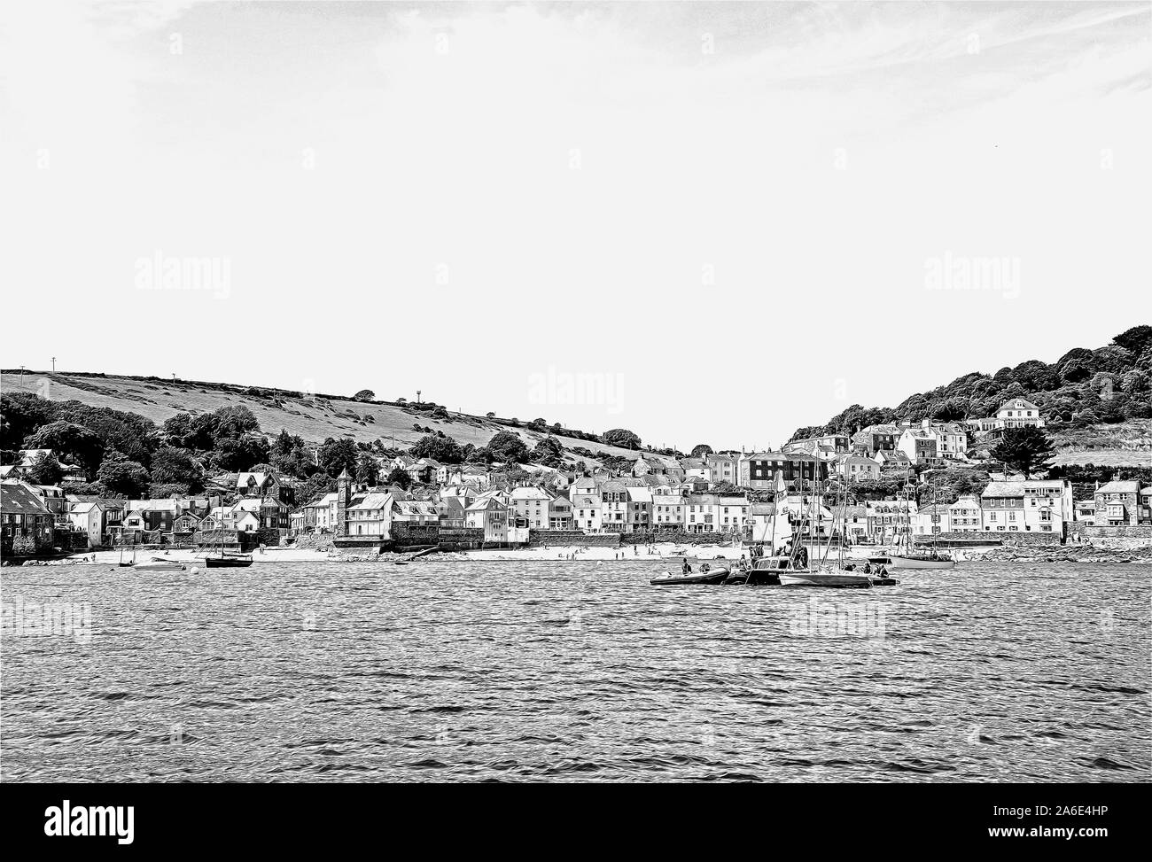 Photo illustration: Kingsand et Cawsand vu depuis le ferry dans la baie de Cawsand avec un filtre de croquis mono Banque D'Images