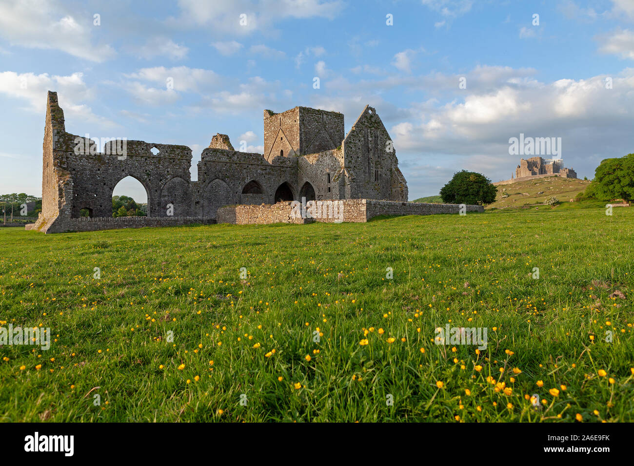 Une vue panoramique de Hore Abbey et Rock of Cashel à Cashel, Co. Tipperary, République d'Irlande. Banque D'Images