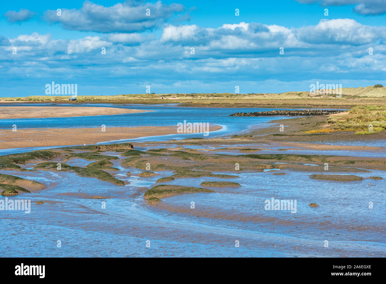 Vue sur les vasières à marée basse depuis le sentier national de la côte Norfolk, près de Burnham Overy Staithe, de l'île Scolt Head à l'arrière, East Anglia, Angleterre, Royaume-Uni. Banque D'Images