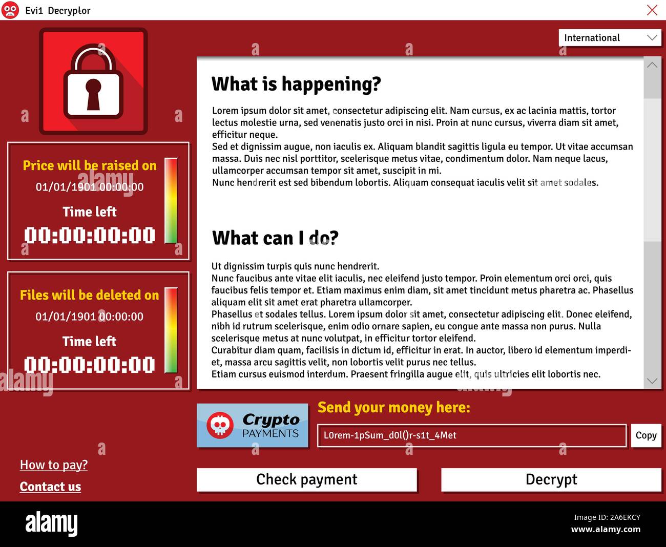 Virus Cryptolocker montrant la fenêtre d'interface de données infectées suppression timer Illustration de Vecteur
