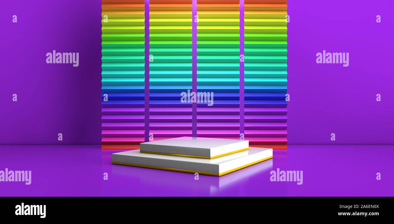 Scène avec des formes géométriques, carré blanc plate-forme, un minimum de fond violet pour la publicité commerciale, Rainbow colorful wall en zigzag, pastel Formulaires Banque D'Images