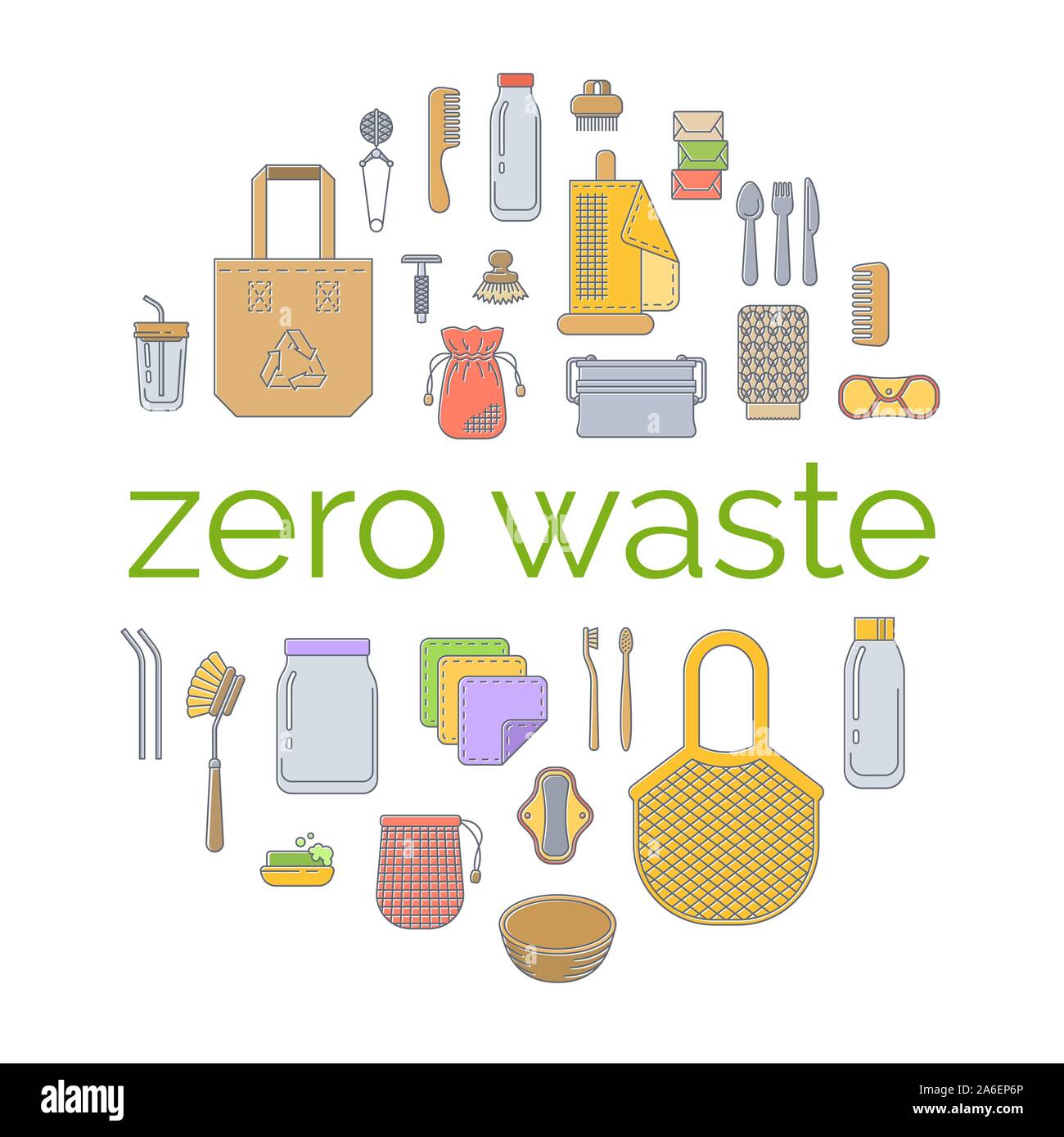 Zéro déchets eco friendly concept rond et plat d'ustensiles. Rendez-vecteur vert illustration linéaire. Articles réutilisables pour la cuisine, le shopping et l'hygiène personnelle. P Illustration de Vecteur