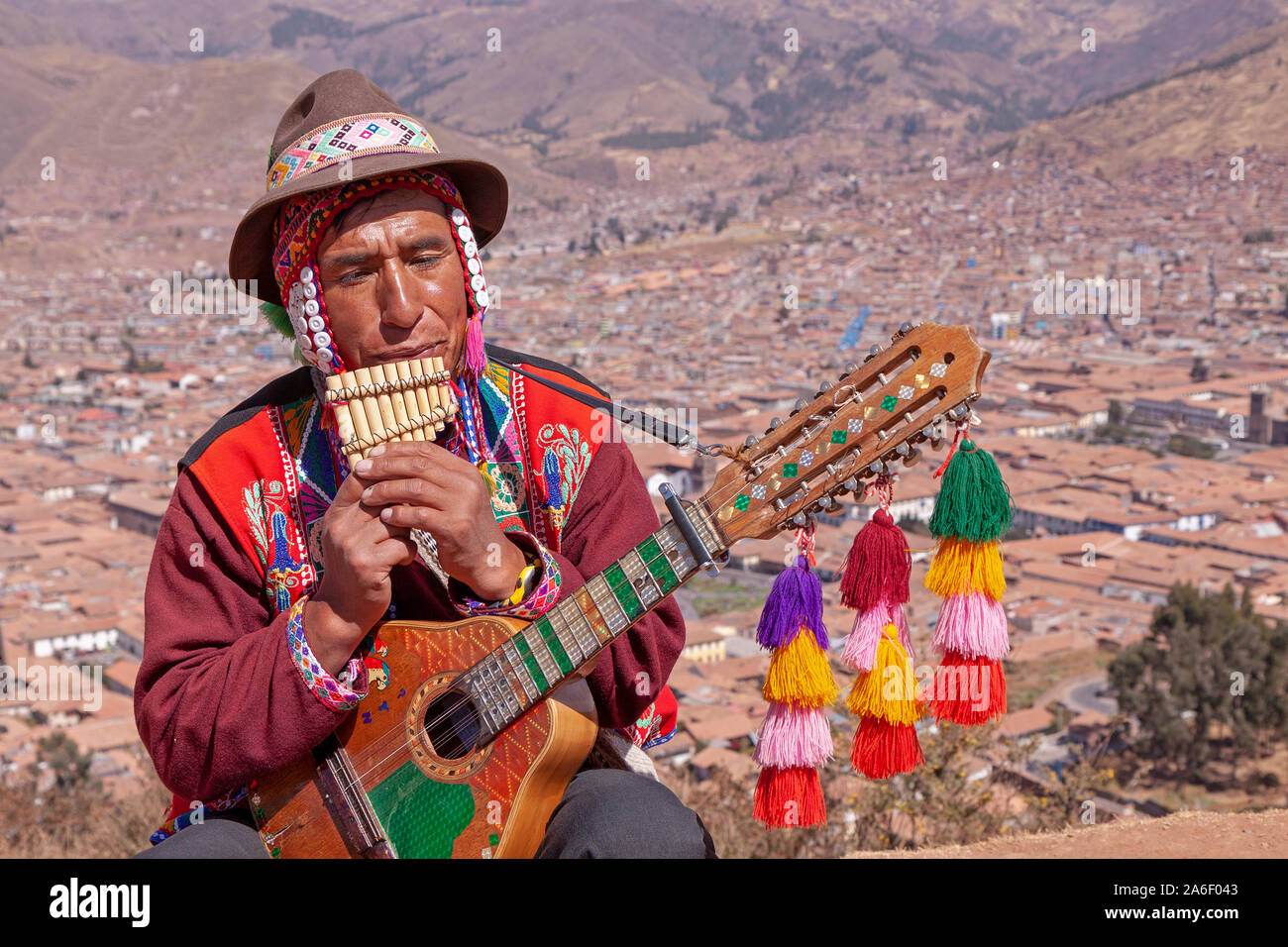 Un Portrait d'un musicien de rue à Cuzco, Pérou. Banque D'Images